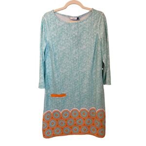 Cabana Life Size L Aqua Geometric Print Orange Trim Shift Dress UPF 50 Stretch